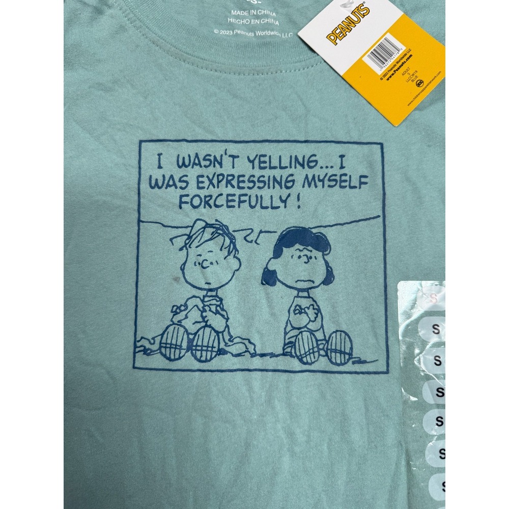 Peanuts Lucy Linus Graphic T Shirt Womens Small Green NWT “I Wasn’t Yelling” - Picture 3 of 8